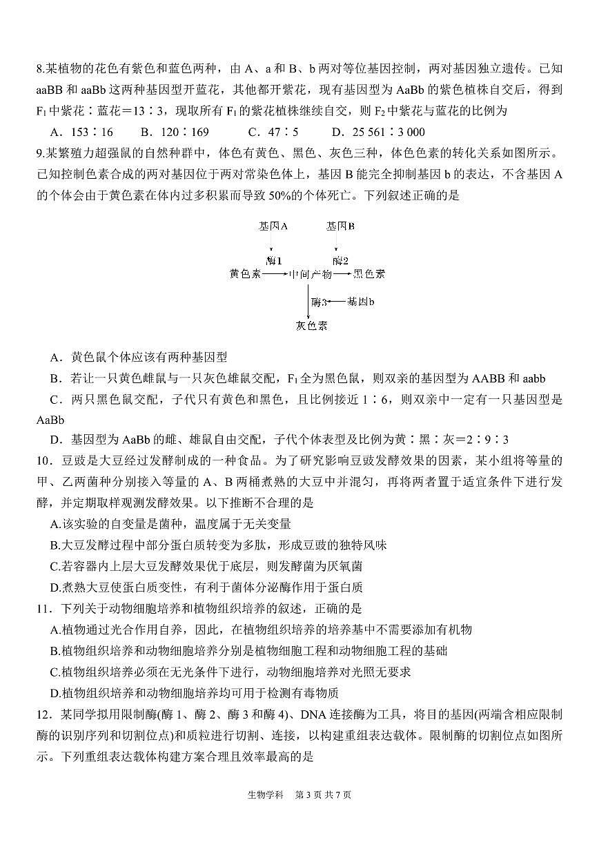 四川省内江市第六中学2024-2025学年上期高三第二次月考生物试题第3页