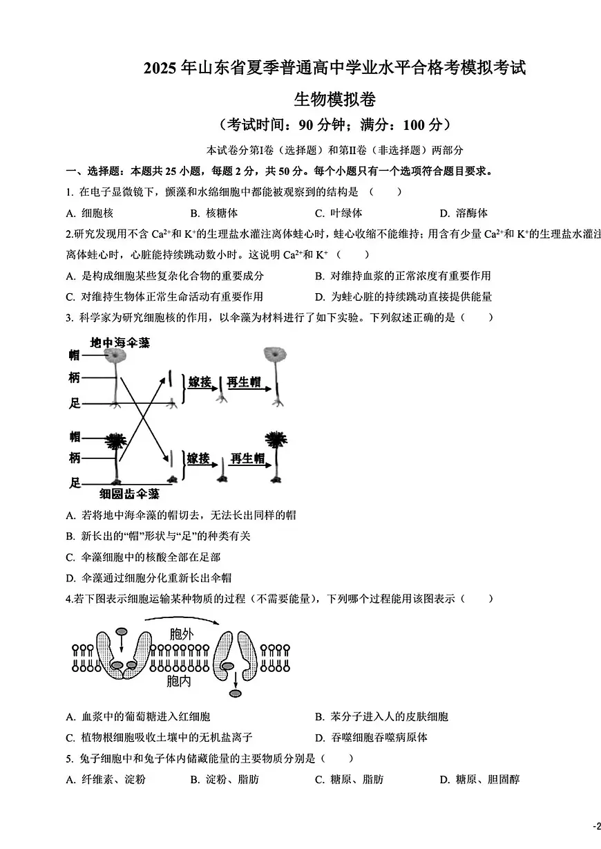 2024年山东省普通高中学业水平合格考试高二生物夏季合格考会考仿真模拟试题（无答案）第1页