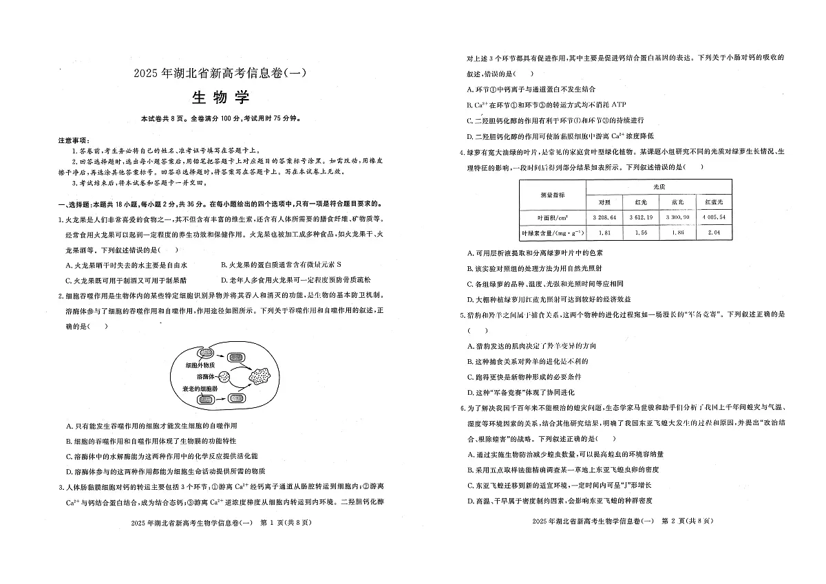 2025年湖北省新高考信息卷（一）生物第1页