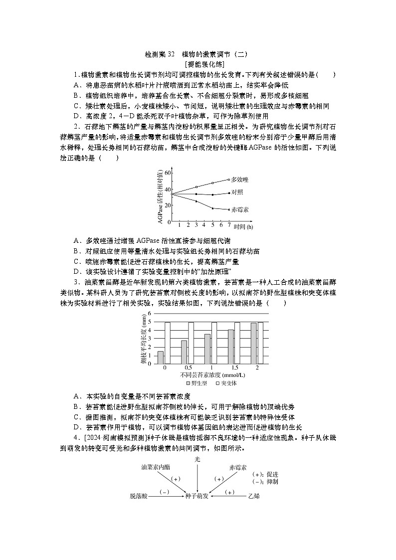2025届高考生物学一轮复习检测练习32　植物的激素调节（二）（含解析）第1页
