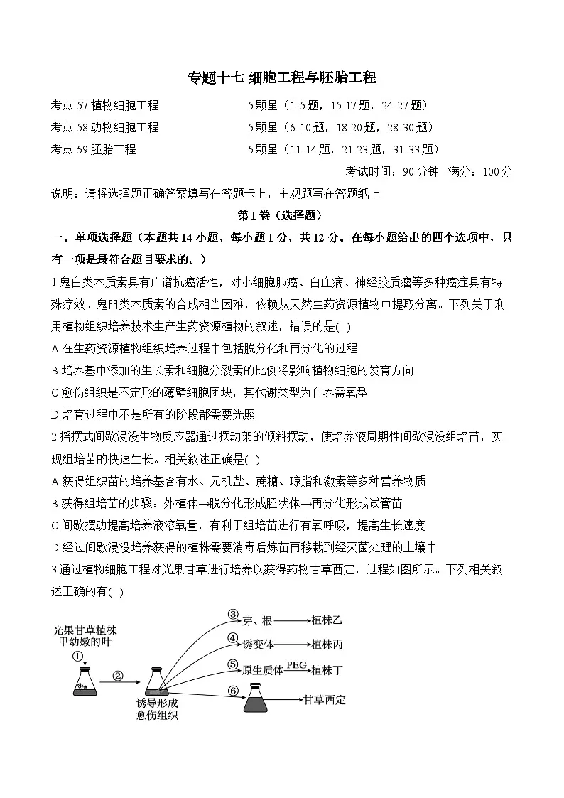 高考生物一轮复习考点剖析练习专题一0七 细胞工程与胚胎工程（含解析）第1页