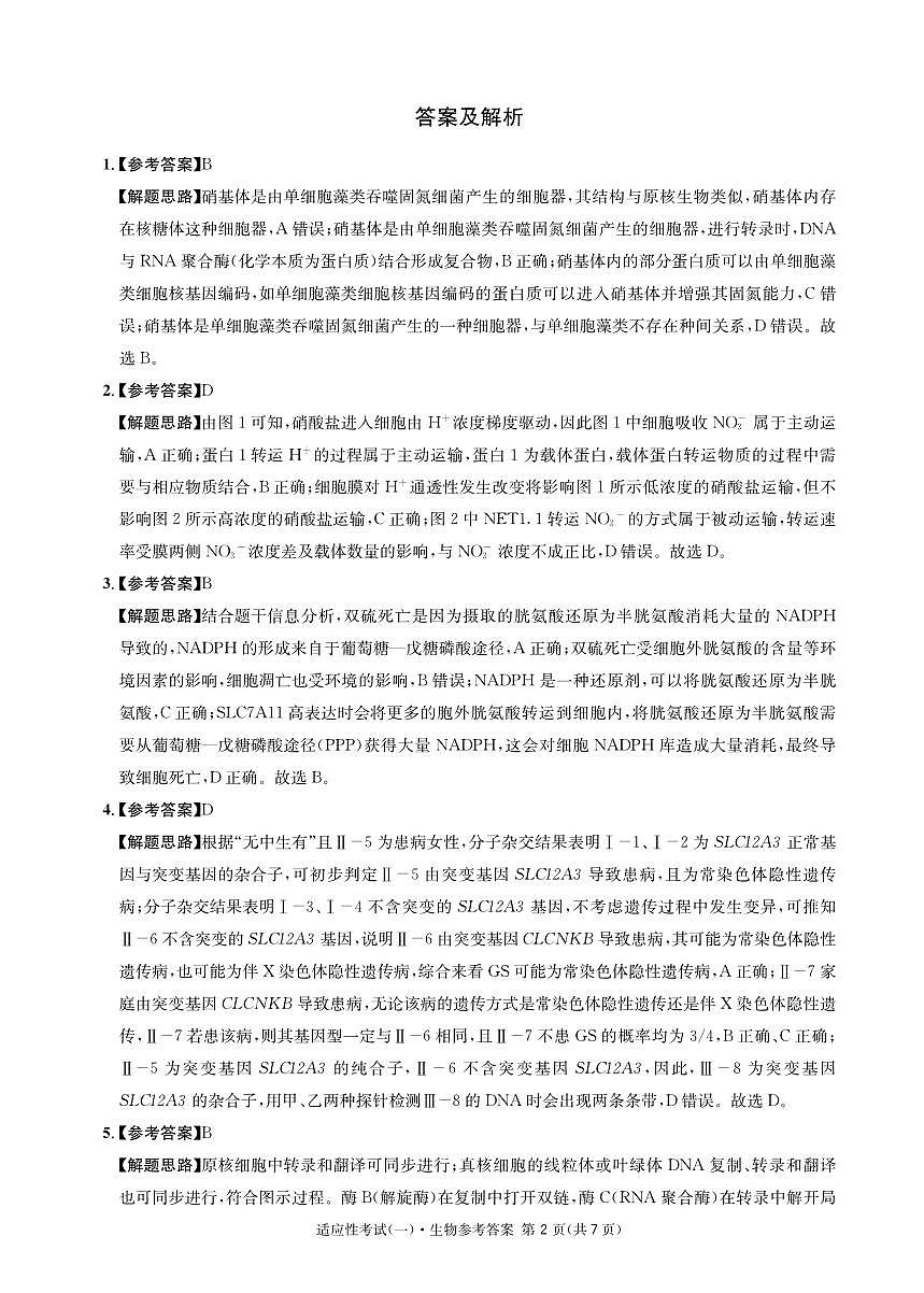 成都石室中学2024-2025学年度下期高2025届适应性考试（一) 生物答案第2页