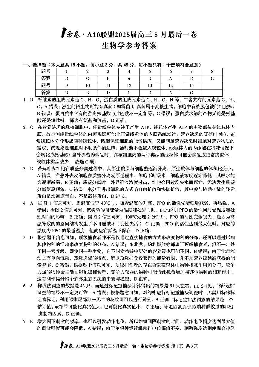 1号卷·A10联盟2025届高三5月最后一卷生物答案第1页