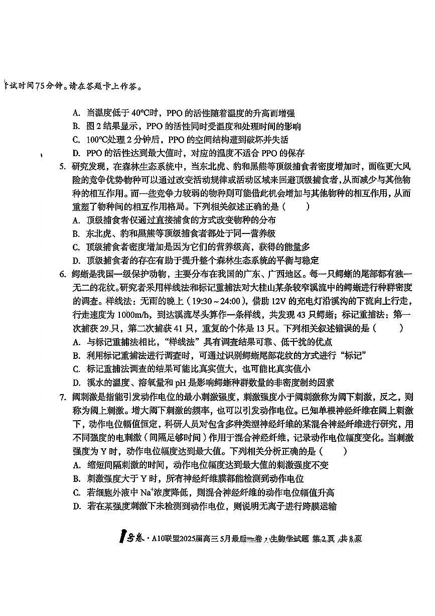 1号卷·A10联盟2025届高三5月最后一卷生物第2页