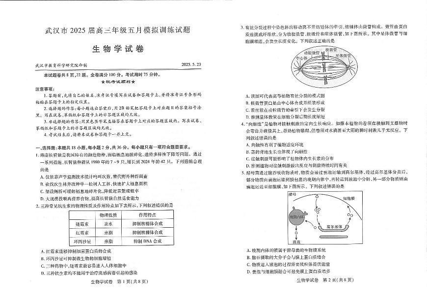 2025届湖北省武汉市高三五月模拟训练生物试卷第1页