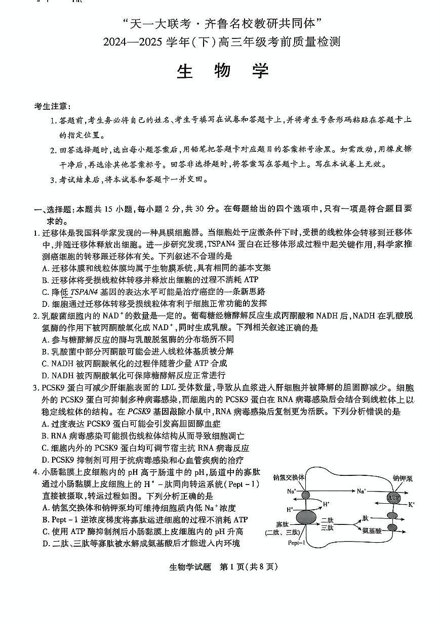 2025届山东省聊城市天一大联考·齐鲁名校教研共同体高三５月联考生物试题（高考模拟）第1页