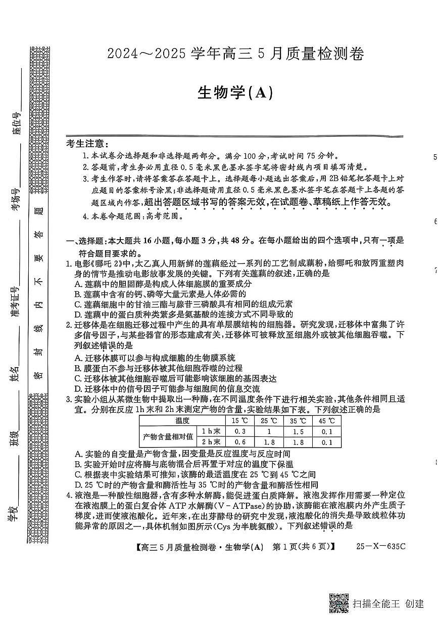 2025届山西省大同市高三三模生物试题（高考模拟）第1页