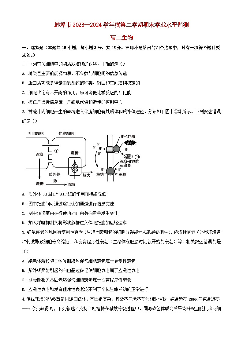 安徽省蚌埠市2023_2024学年高二生物下学期7月期末考试含解析第1页