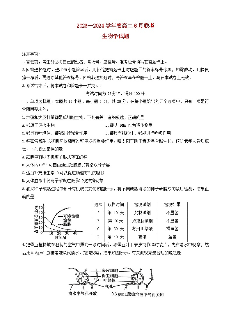 山东省2023_2024学年高二生物下学期期末联考试题含解析第1页