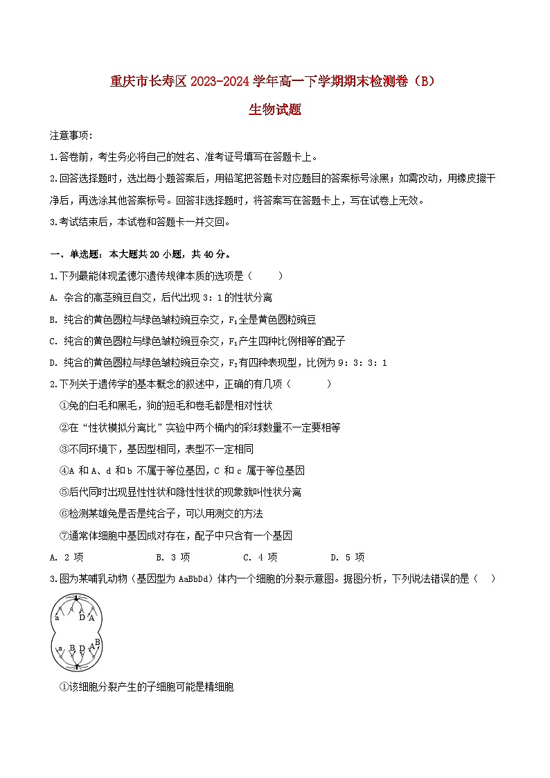 重庆市长寿区2023_2024学年高一生物下学期7月期末考试B卷第1页
