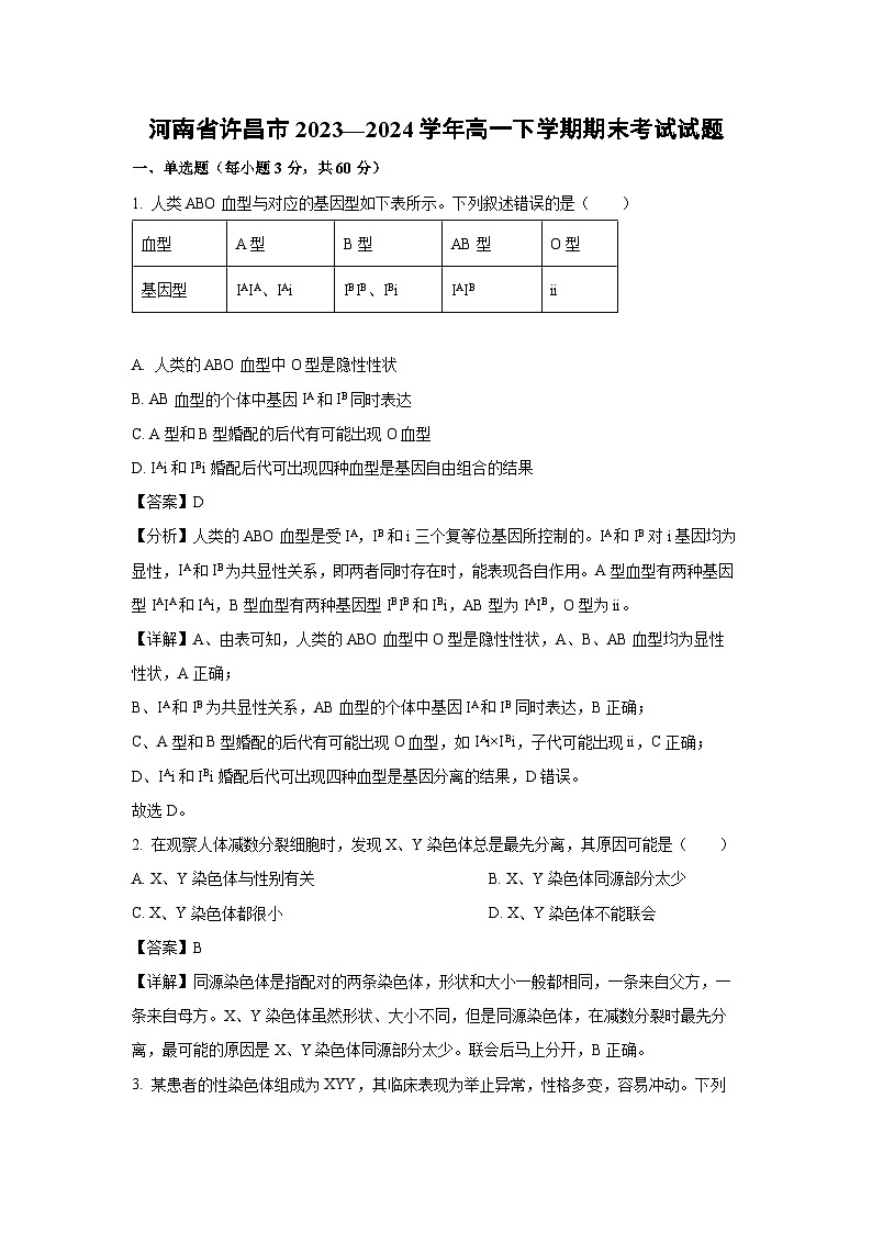 河南省许昌市2023—2024学年高一下学期期末考试生物试题（解析版）第1页