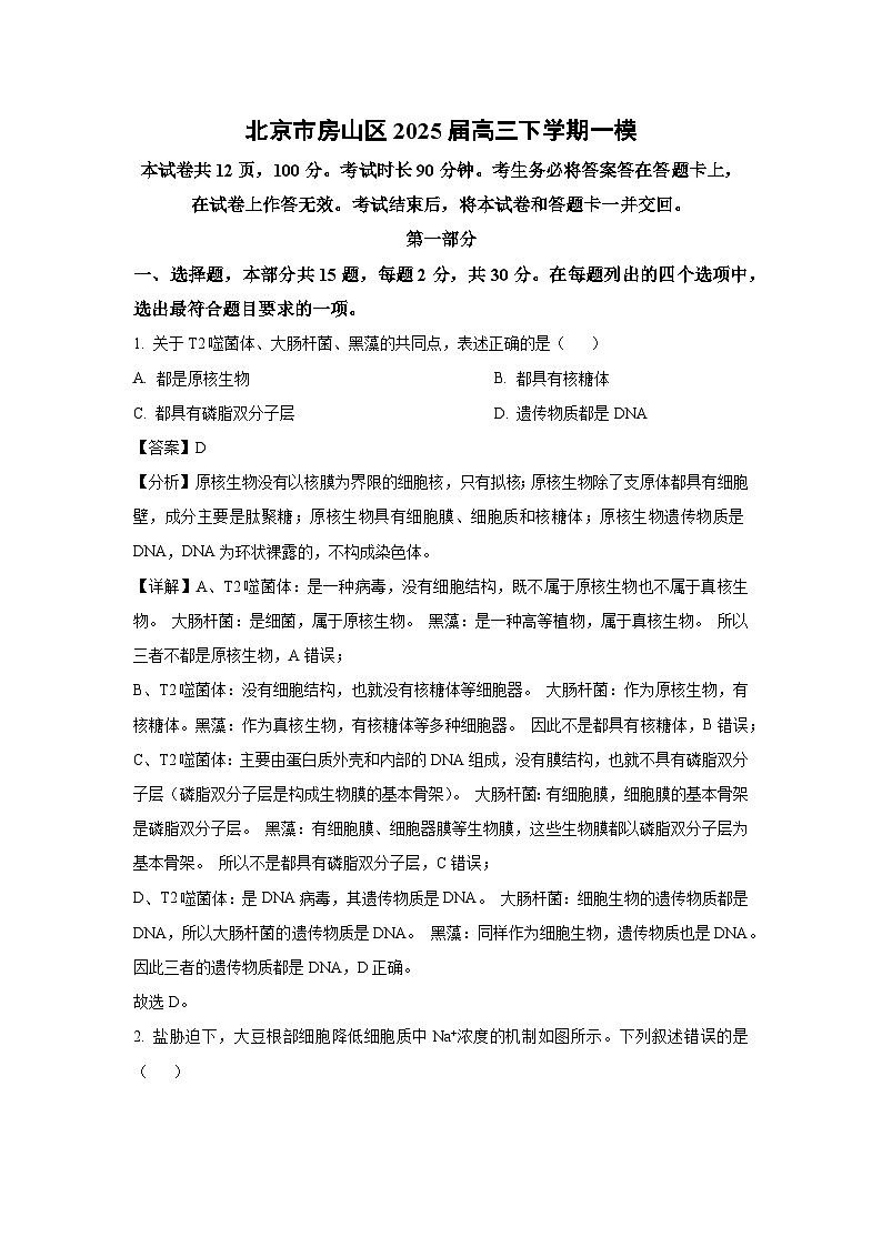 北京市房山区2025届高三下学期一模生物试题（解析版）第1页