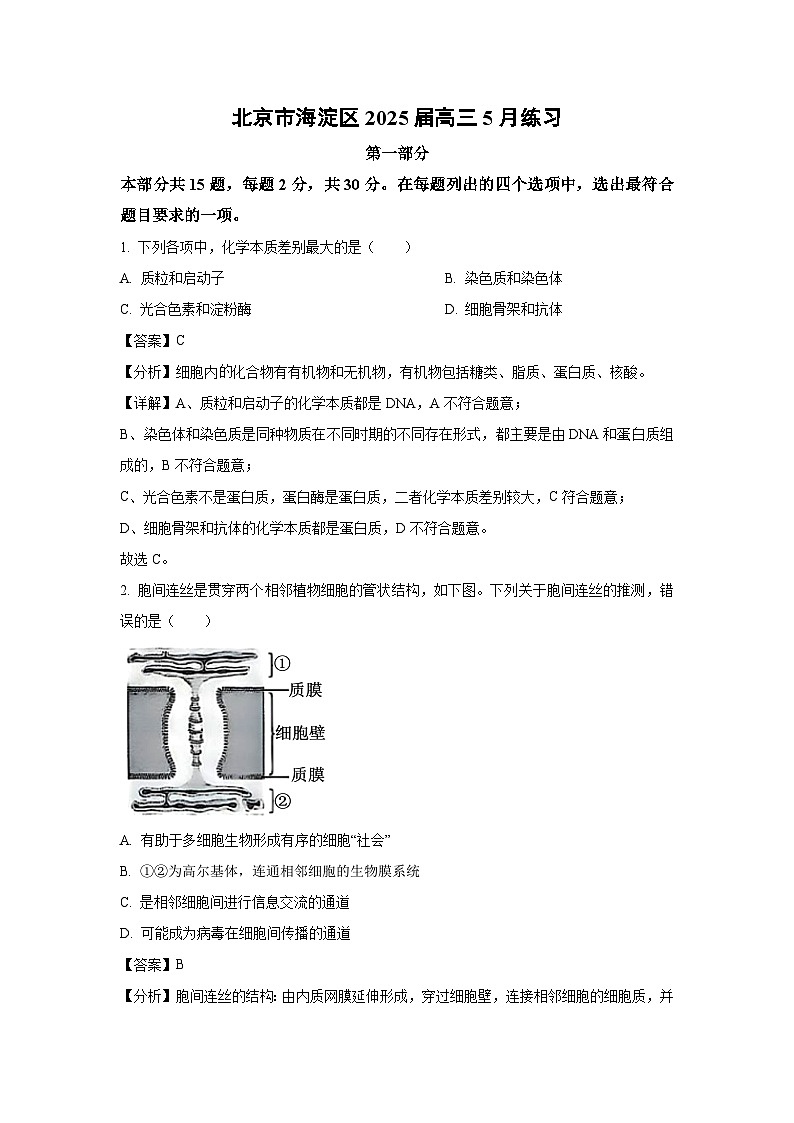 北京市海淀区2025届高三下5月练习生物试卷（解析版）第1页