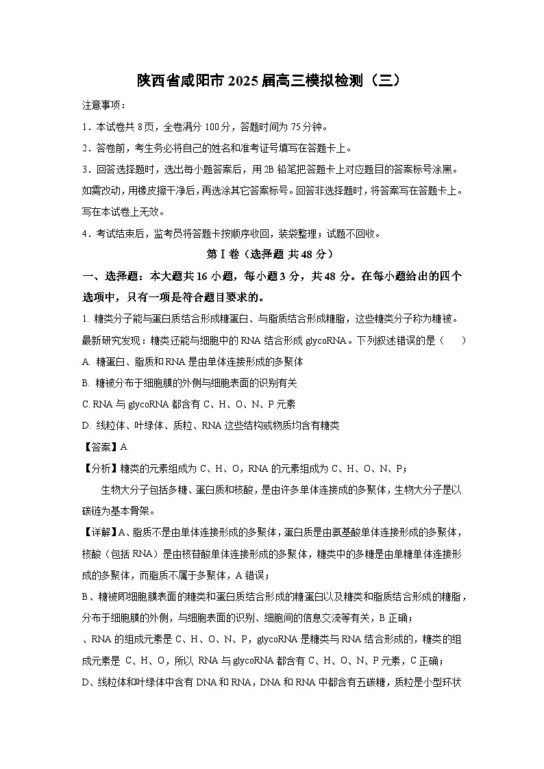 陕西省咸阳市2025届高三模拟检测（三）生物试卷（解析版）第1页