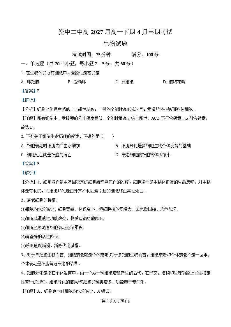 四川省内江市资中县第二中学2024-2025学年高一下学期4月期中生物试题 Word版含解析第1页