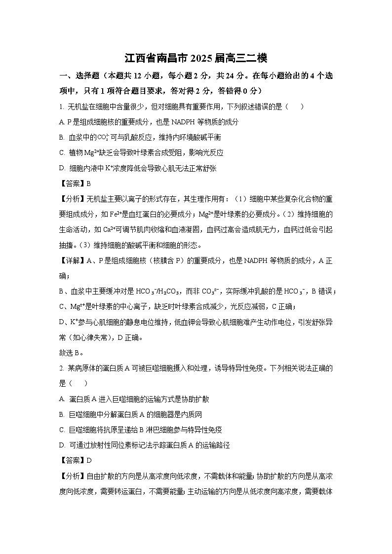 江西省南昌市2025届高三二模生物试卷（解析版）第1页