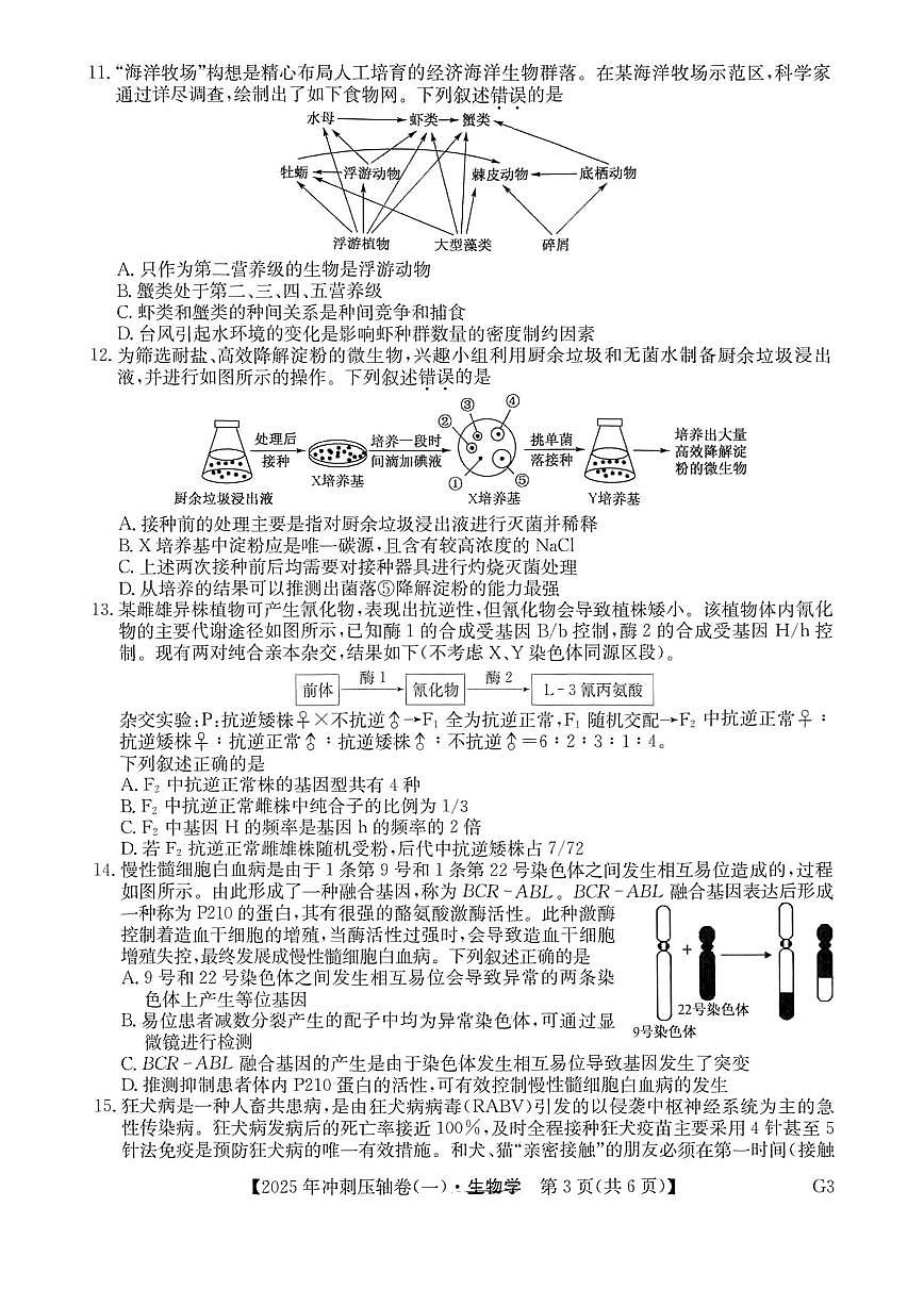 2025年普通高中学业水平选择性考试冲刺压轴卷（一）高三生物试题（PDF版附答案）第3页