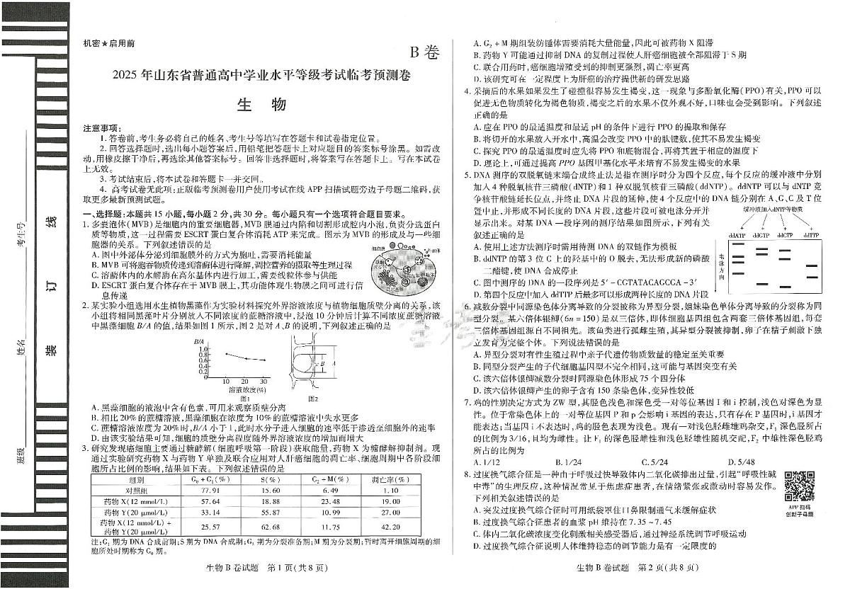 2025年高三生物高考临考押题密卷模拟试题B卷（山东专版）及其答案第1页