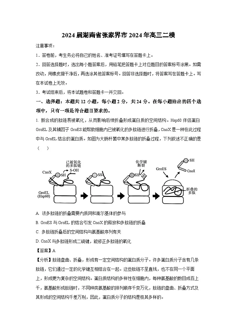 2024届湖南省张家界市2024年高三二模生物试卷（解析版）第1页
