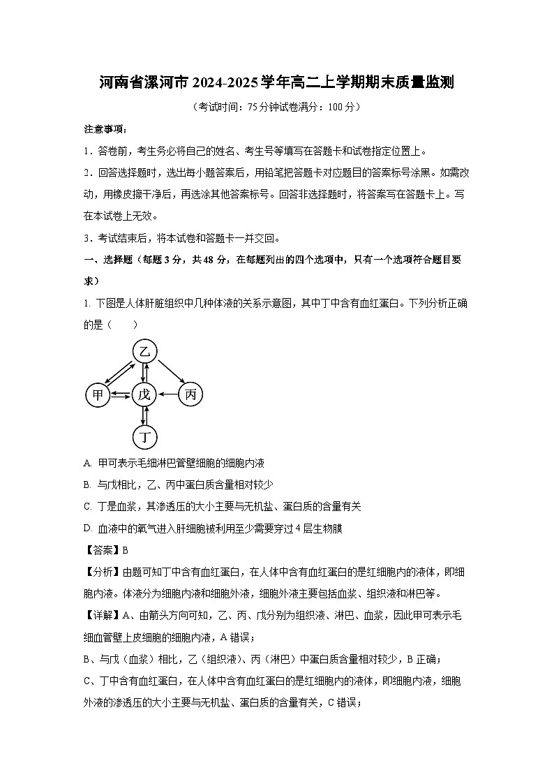河南省漯河市2024-2025学年高二上学期期末质量监测生物试卷（解析版）第1页