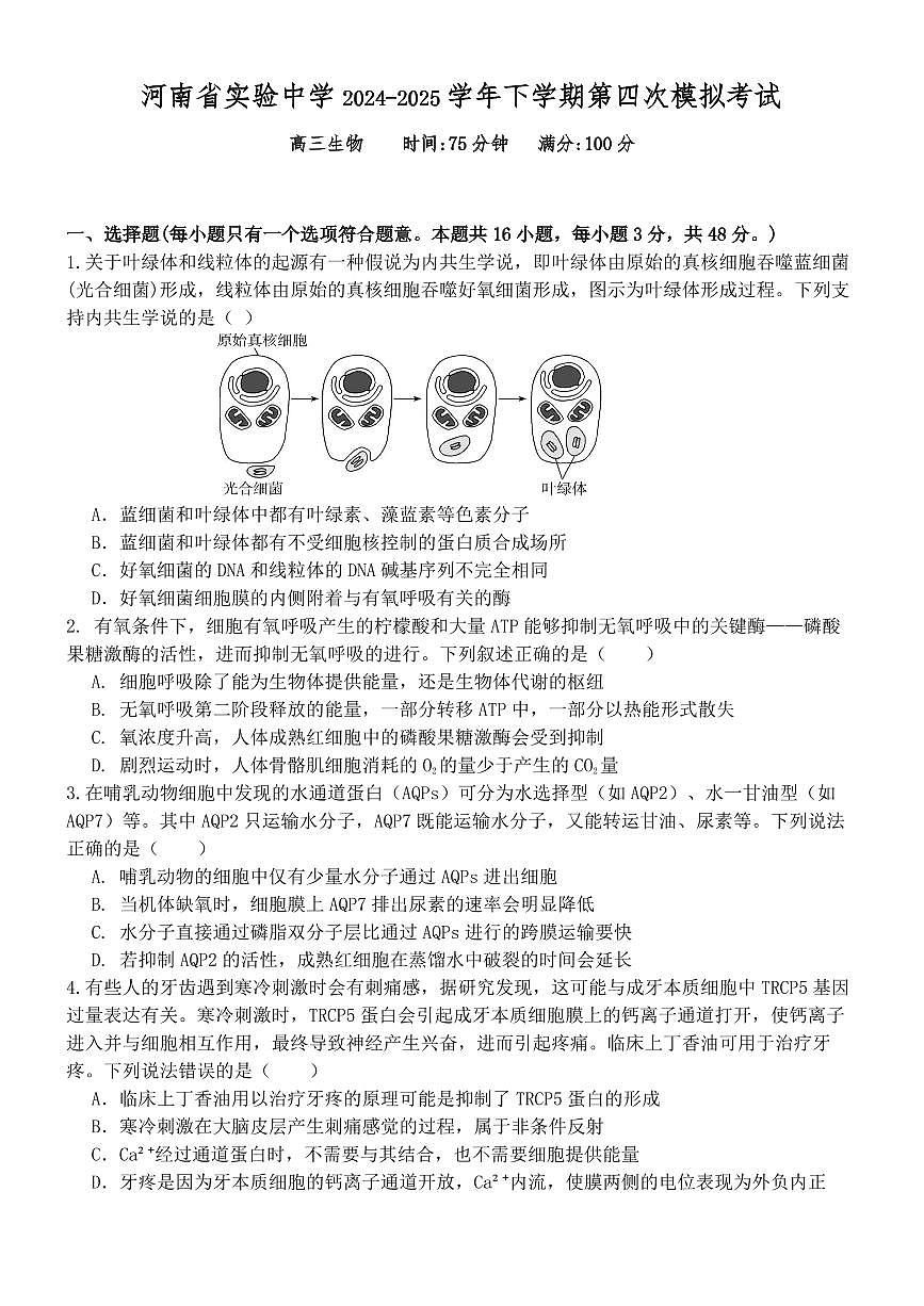 河南省实验中学2025届高三高考模拟第四次模拟考-生物试题+答案第1页
