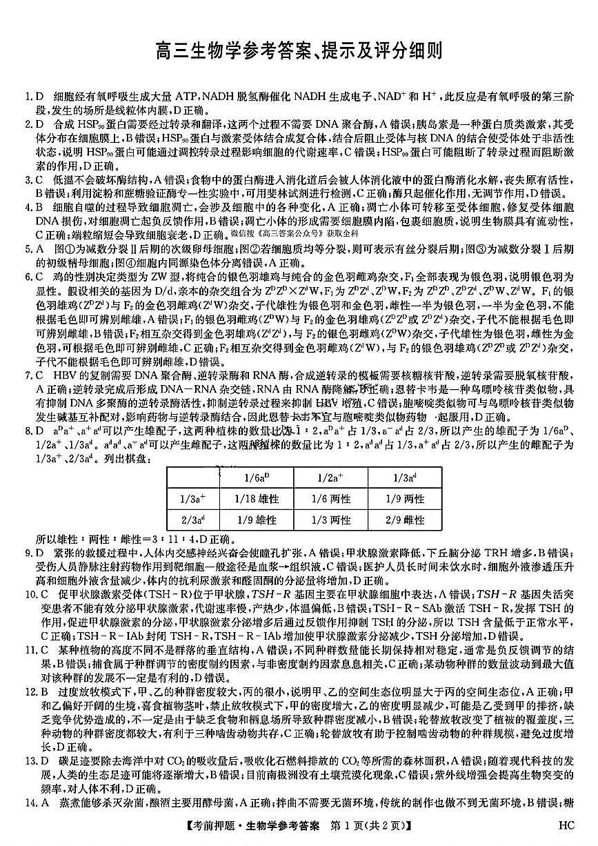 高三生物学答案第1页