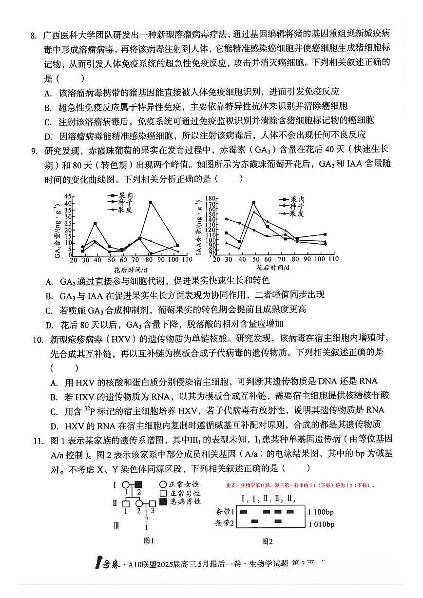 A10联盟2025届高三5月最后一卷 生物试卷（含答案）第3页
