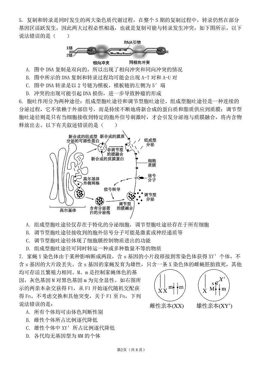 河南省实验中学2024-2025学年高三下学期第四次模拟考试生物第2页