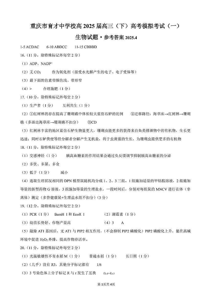 2025届重庆市育才中学高三模拟考试（一）生物试卷及答案 生物答案第1页