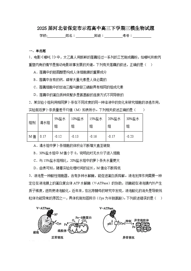 2025届河北省保定市示范高中高三下学期三模生物试题（无答案）第1页