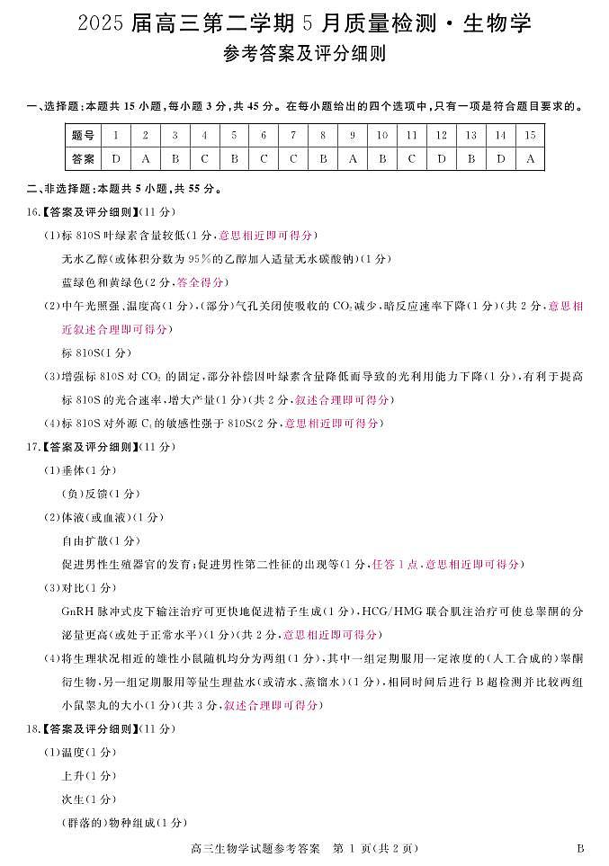 安徽省华师联盟2025届高三第二学期5月质量检测生物-B评分细则第1页