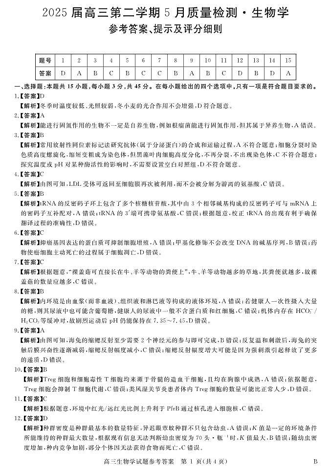 安徽省华师联盟2025届高三第二学期5月质量检测生物-B答案第1页