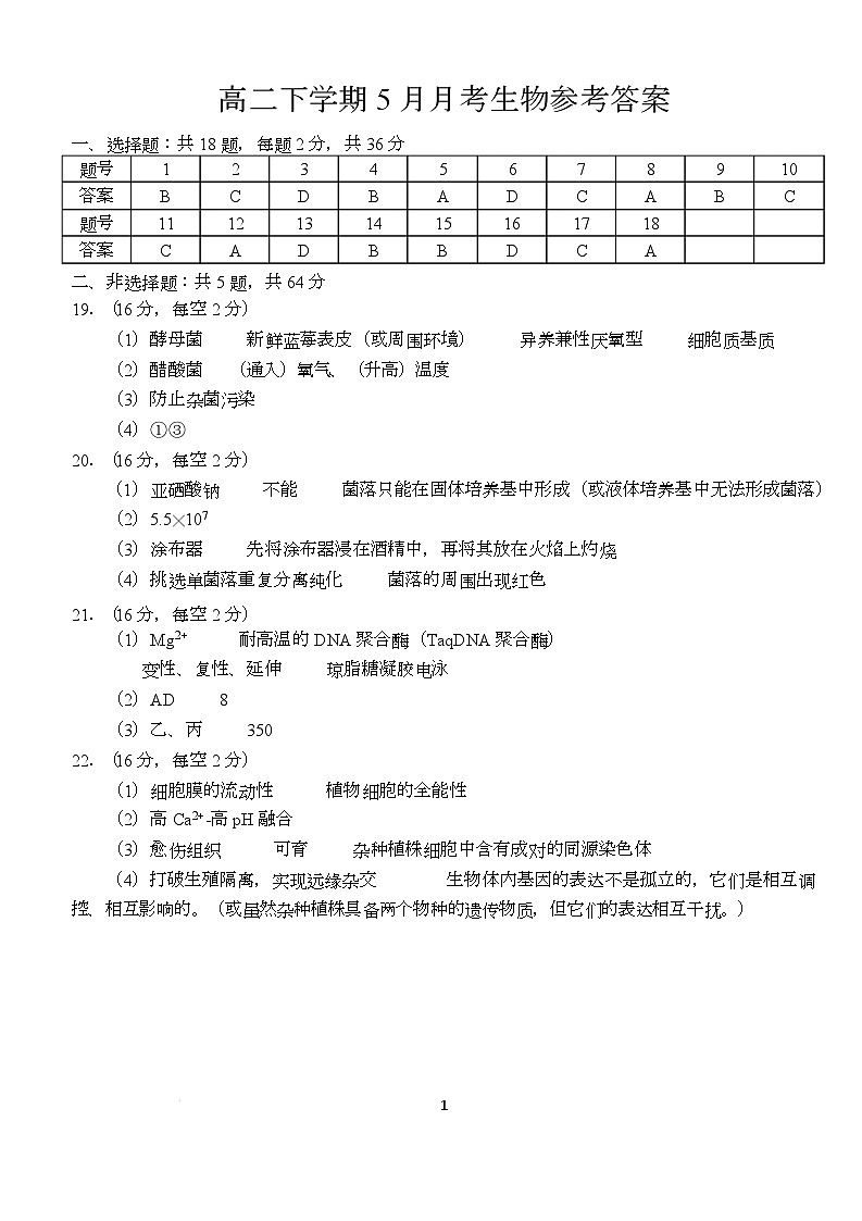 生物 2024-2025学年高二下五月生物- 参考答案第1页
