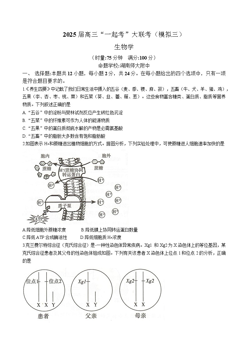 湖南省“一起考”部分学校大联考2025届高三下学期模拟（三）生物试卷（Word版附解析）第1页