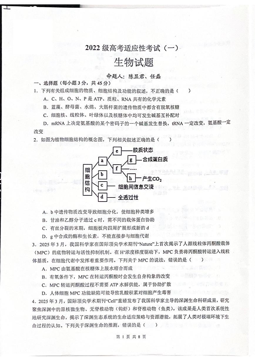 四川省绵阳中学2025届高考适应性模拟考试（一）-生物试卷+答案第1页