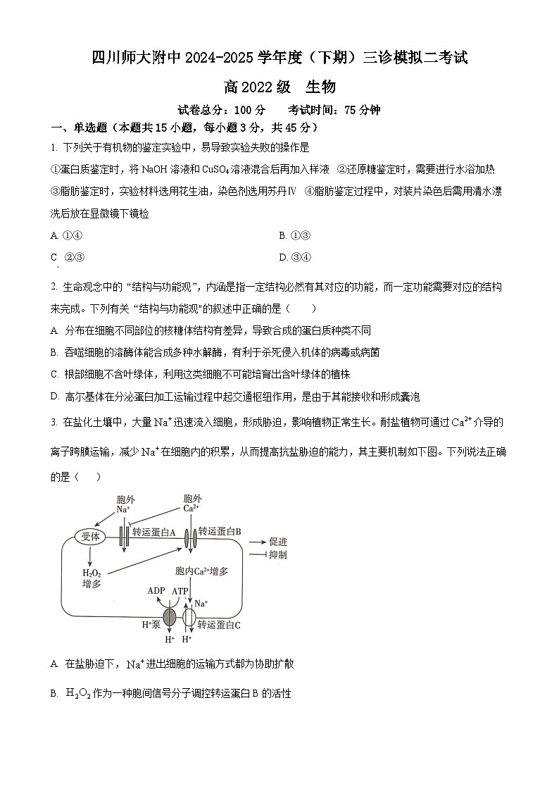 四川师范大学附属中学2025届高三下学期三诊模拟（二）生物第1页