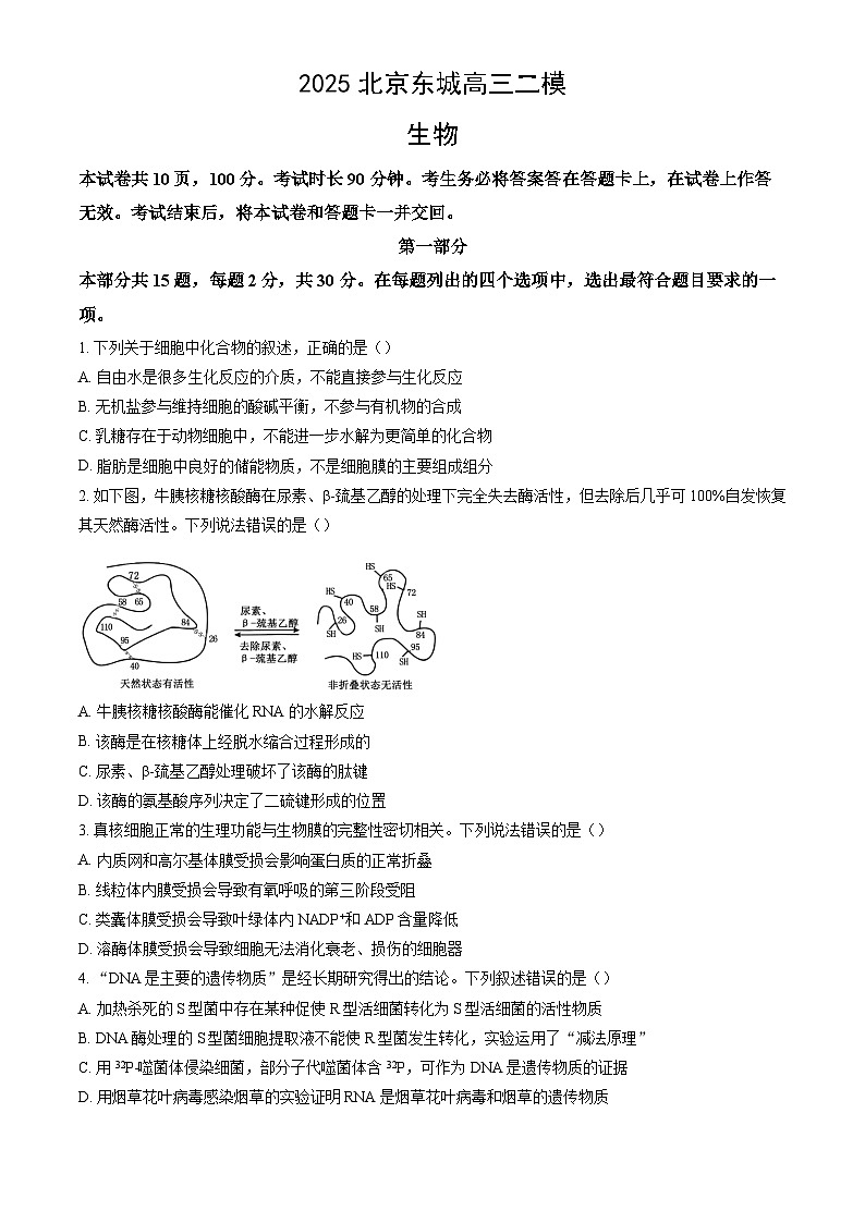 北京市东城区2025年高考二模生物试卷（含答案）第1页