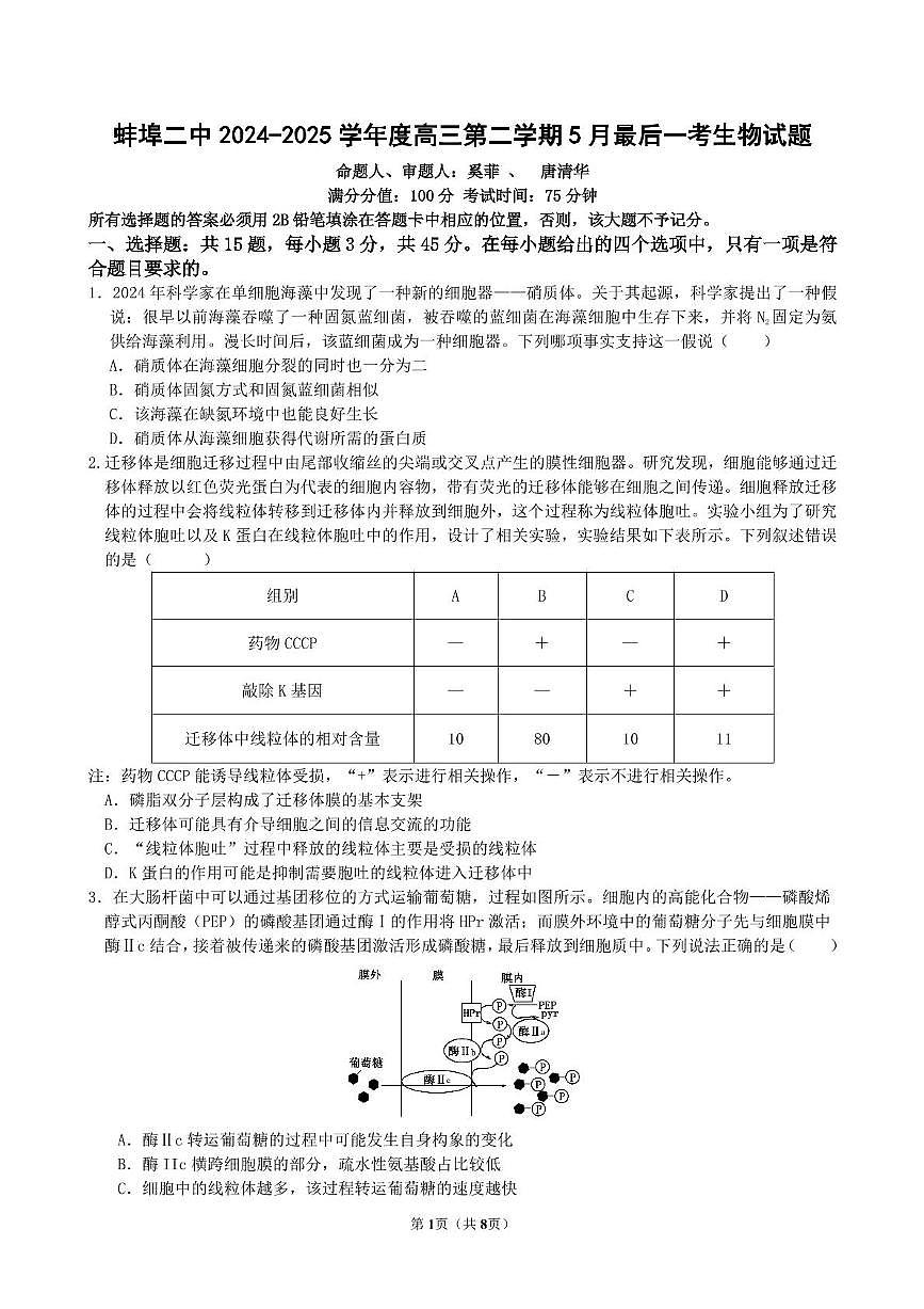 2025届安徽省蚌埠市第二中学高三最后一考生物试题（高考模拟）第1页