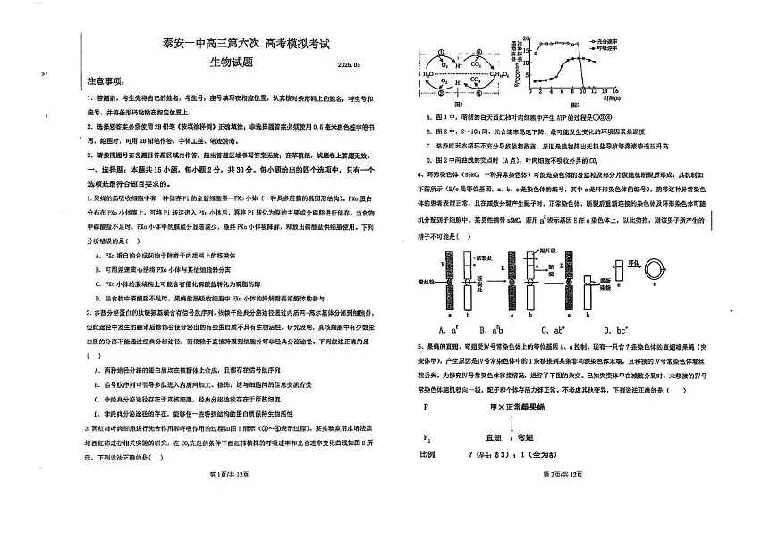 2025届山东省泰安市泰山区山东省泰安第一中学高三下学期5月第六次模拟预测生物试题（高考模拟）第1页