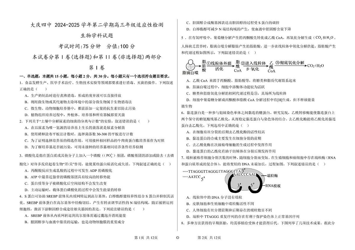 2025届黑龙江省大庆市第四中学高三下学期适应性检测生物试题第1页
