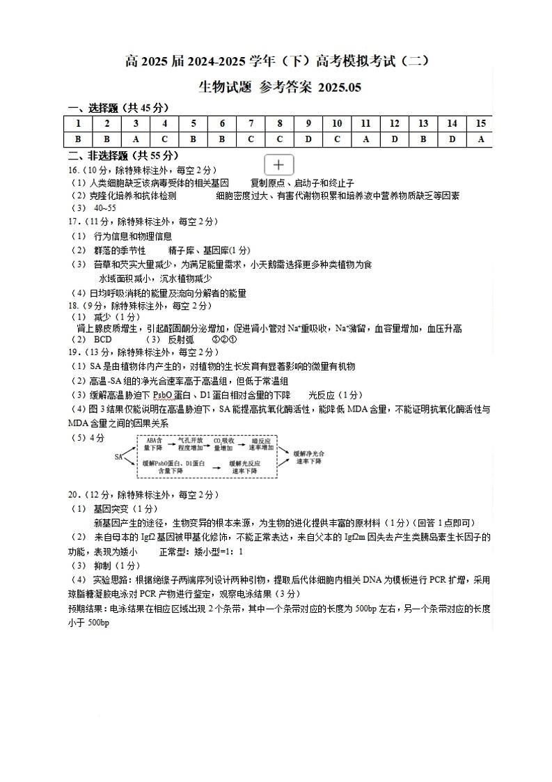 2025届重庆市育才中学高三二模 2025高考模拟（二）生物答案(1)(1)第1页