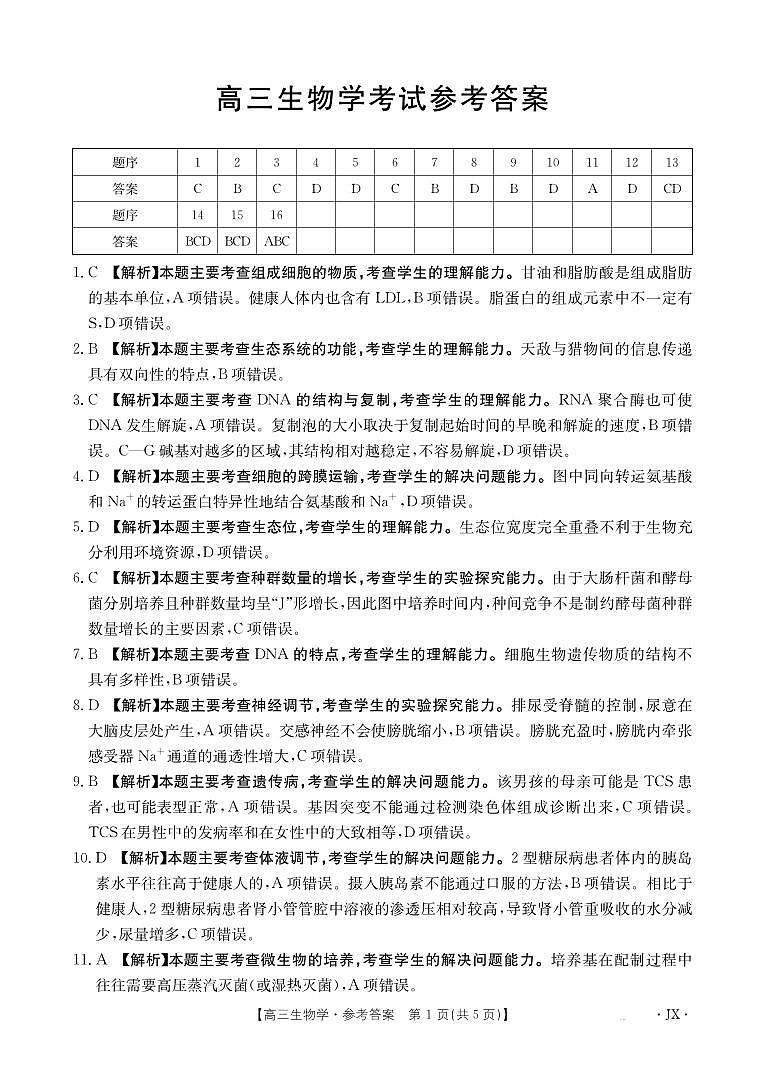 【生物答案】江西省2025届高三下学期5月百万大联考第1页
