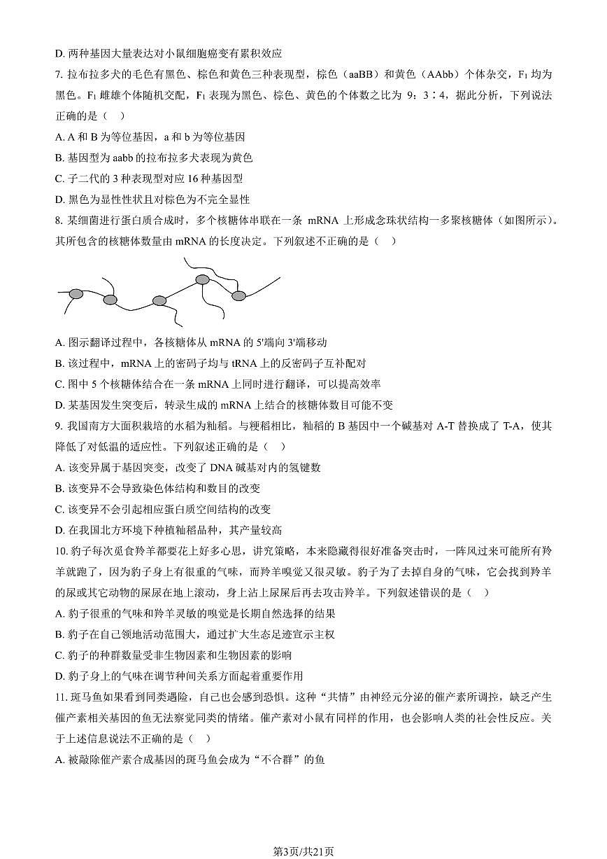 2023北京大兴精华学校高三三模[高考模拟]生物试卷（教师版）第3页