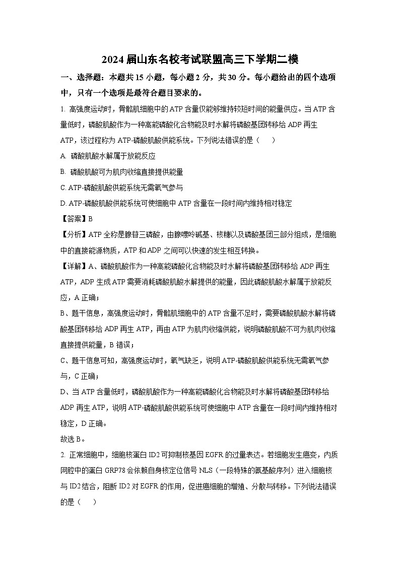 2024届山东名校考试联盟高三下学期二模生物试卷（解析版）第1页