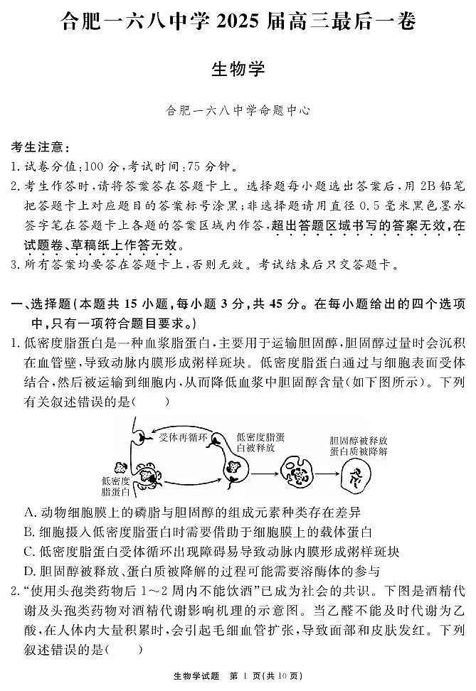 合肥一六八中学2025届高三最后一卷 生物试题第1页