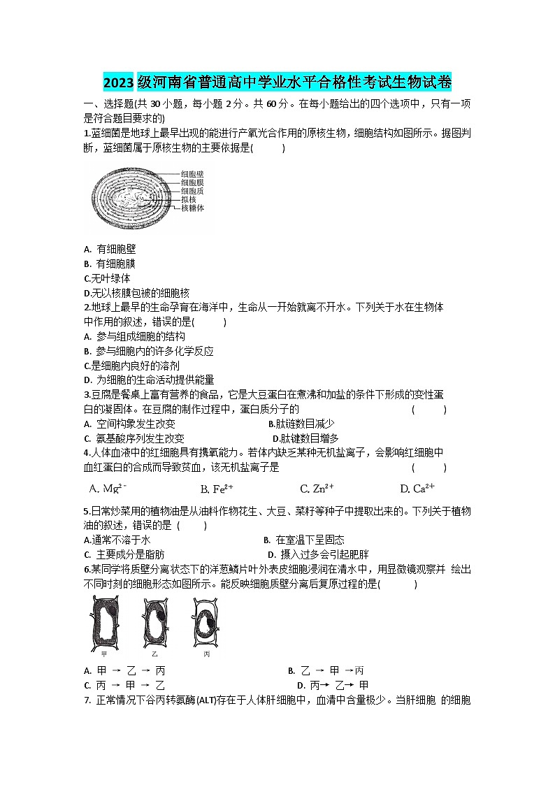 2024年河南省普通高中学业水平合格性考试生物试卷（中考模拟）第1页