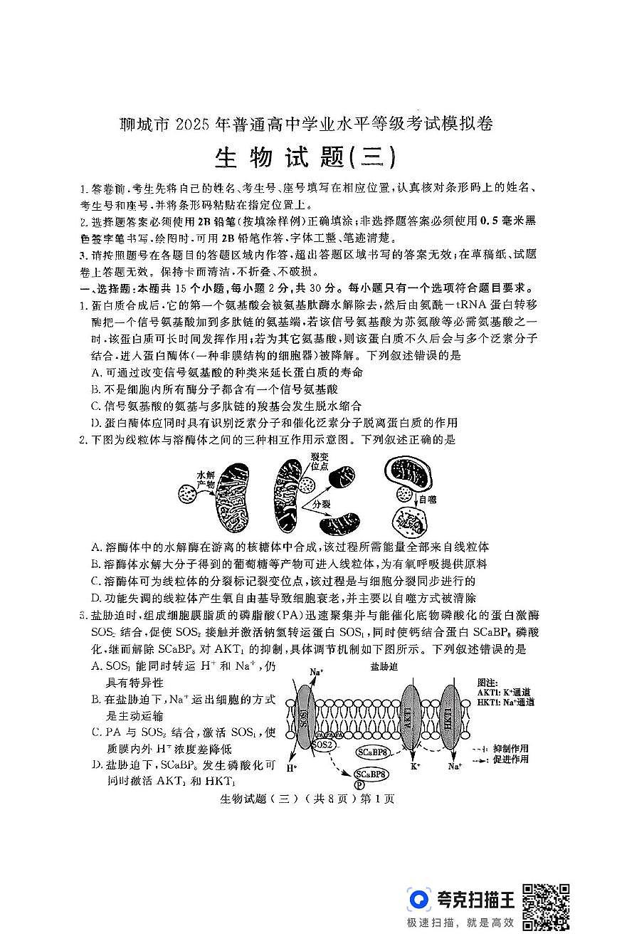2025届山东省聊城市高三三模生物试题（高考模拟 ）第1页