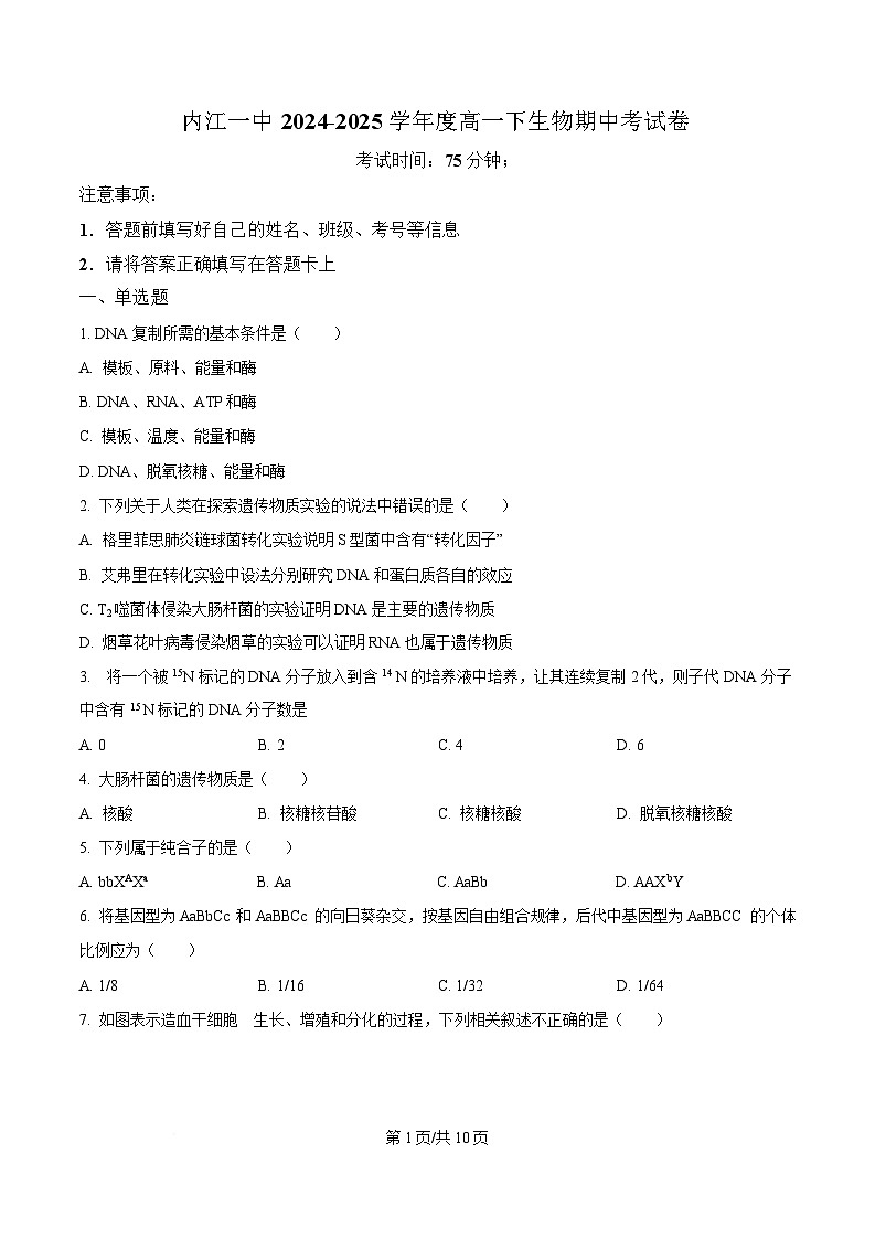 四川省内江市第一中学2024-2025学年高一下学期期中考试生物试题（原卷版）第1页