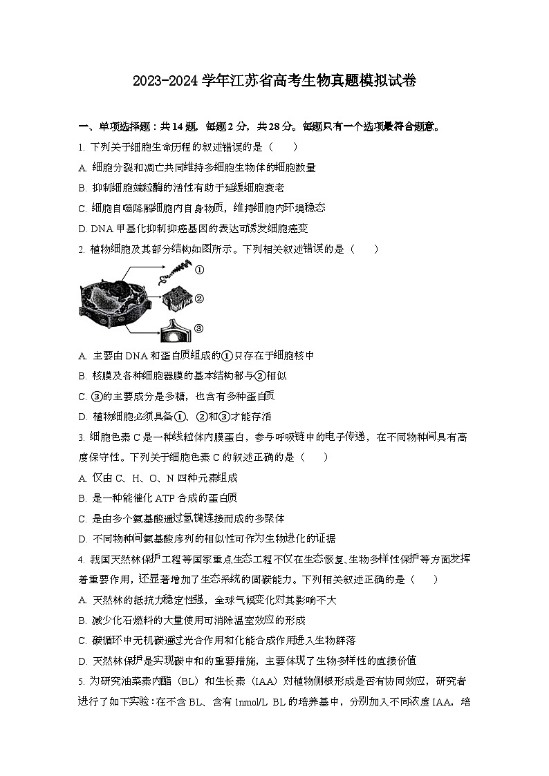 2023~2024学年 江苏高考生物真题模拟试卷（带解析）第1页