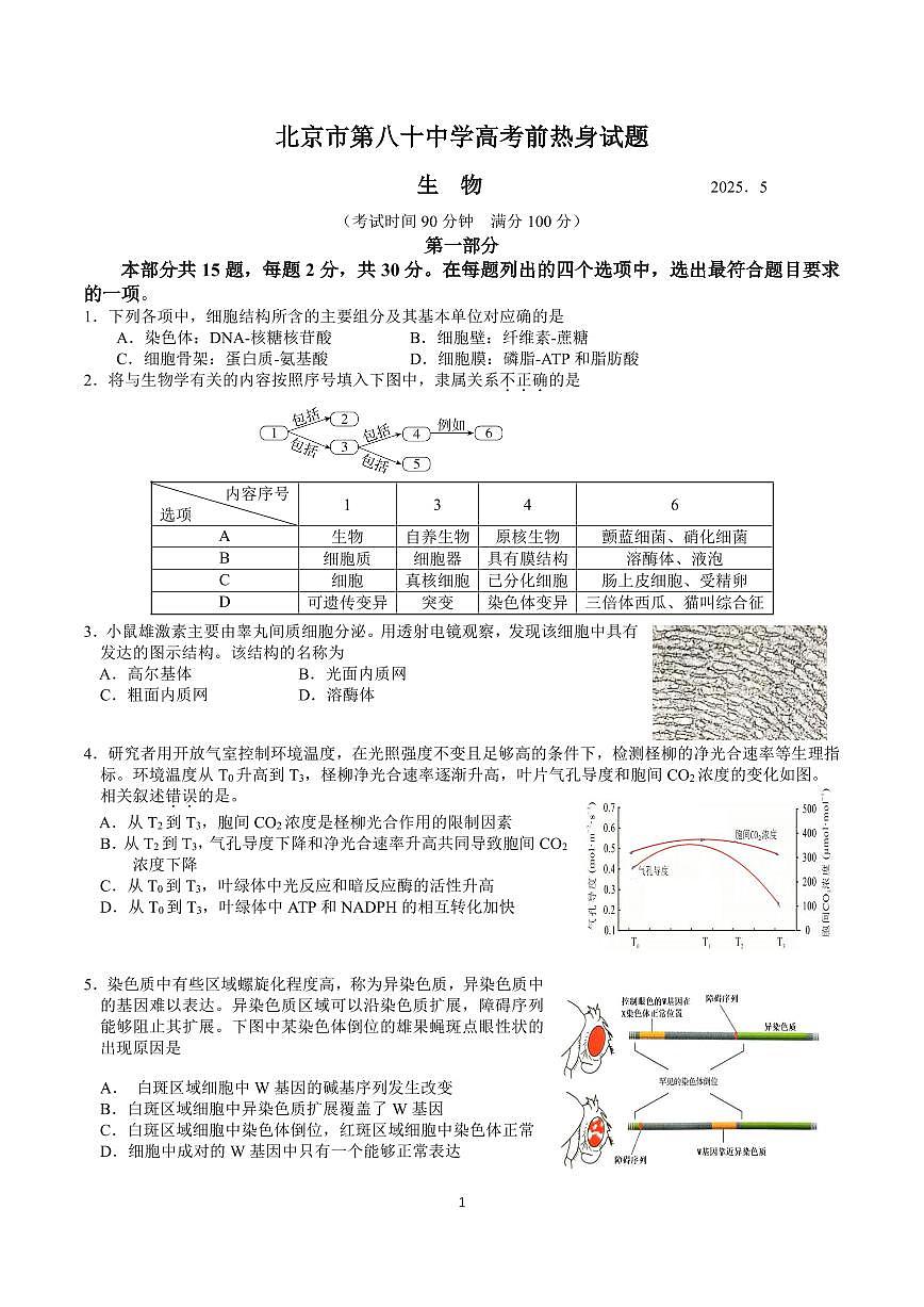 2025北京八十中高三考前热身生物试卷第1页